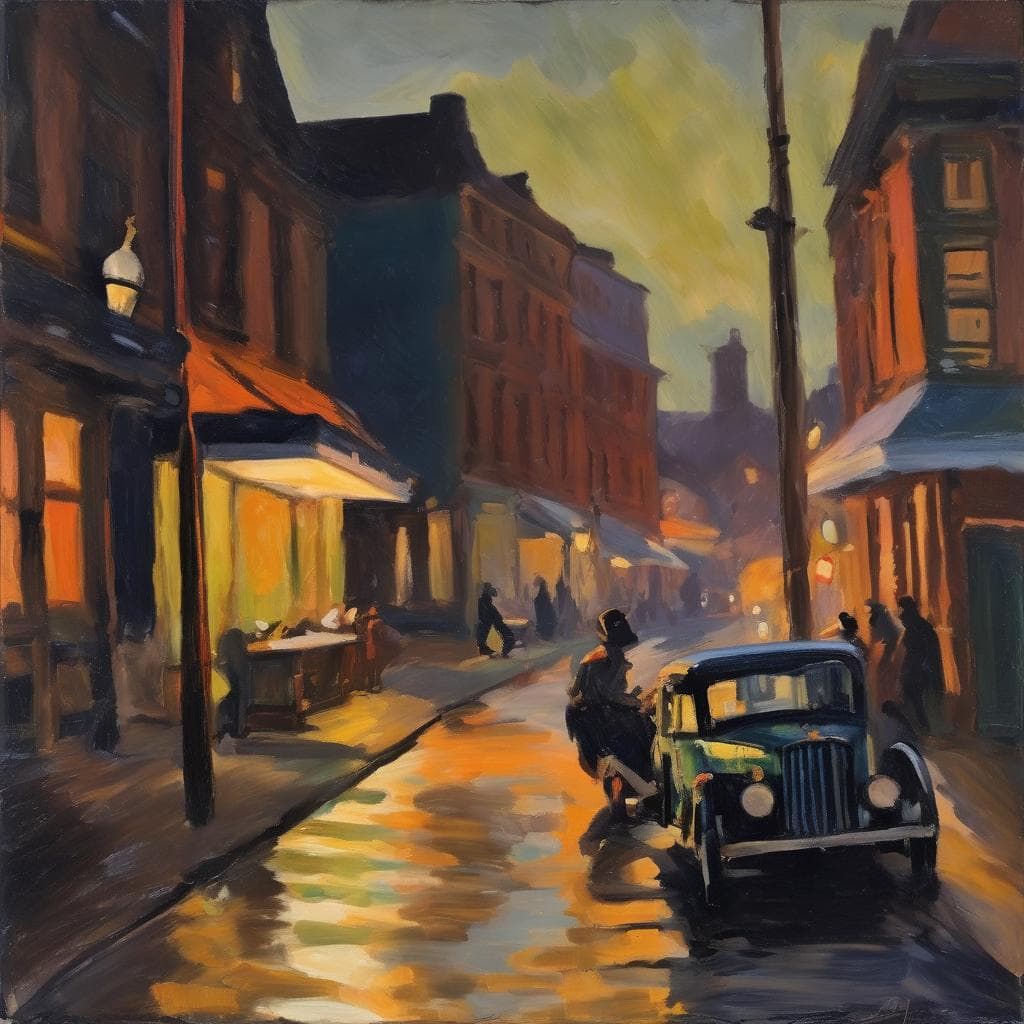 Μοντέρνο πίνακα με αστικό τοπίο σε ηλιόλουστη βραδιά, φωτισμένα καταστήματα και vintage αυτοκίνητο στον δρόμο.