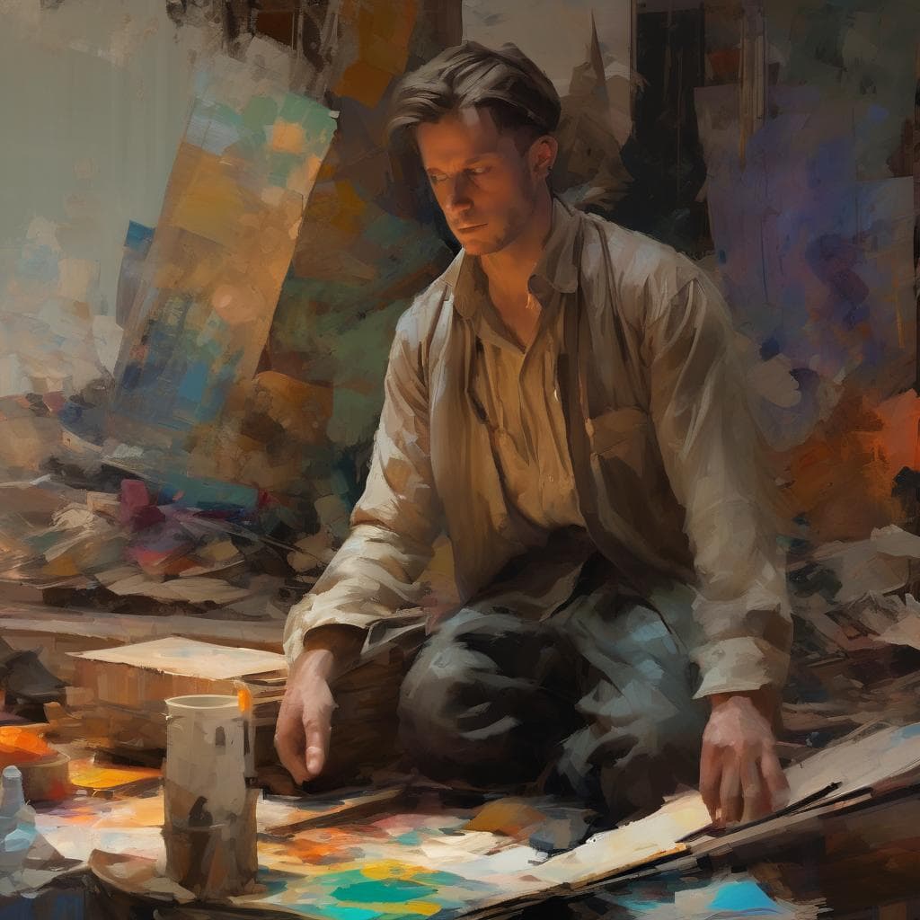 Ανδρας ζωγραφίζει σε καμβά σε στούντιο τέχνης, δημιουργικότητα και κενό ως δημιουργικό στοιχείο.