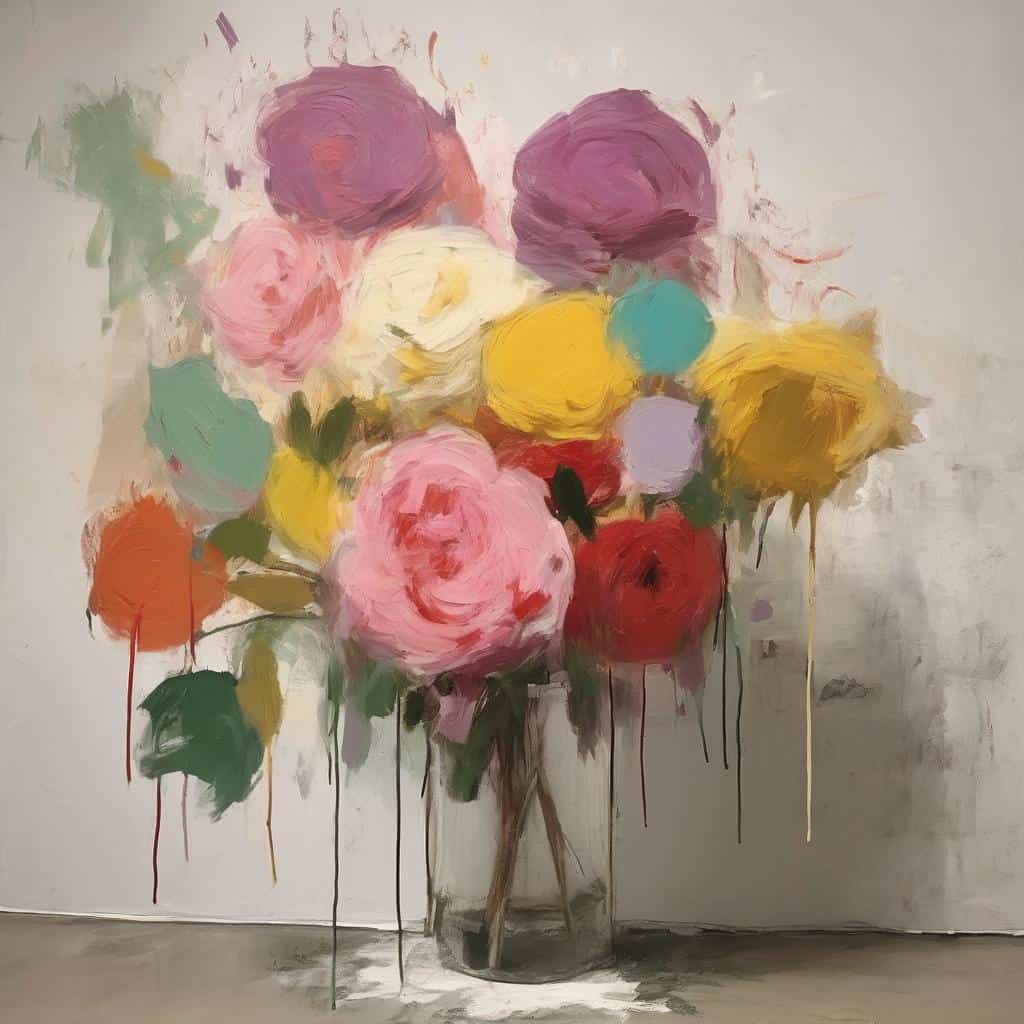 μπολίστες λουλουδιών σε παλέτα ζωντανών χρωμάτων, ζωγραφισμένο με το στυλ του κενού ως δημιουργικό στοιχείο.
