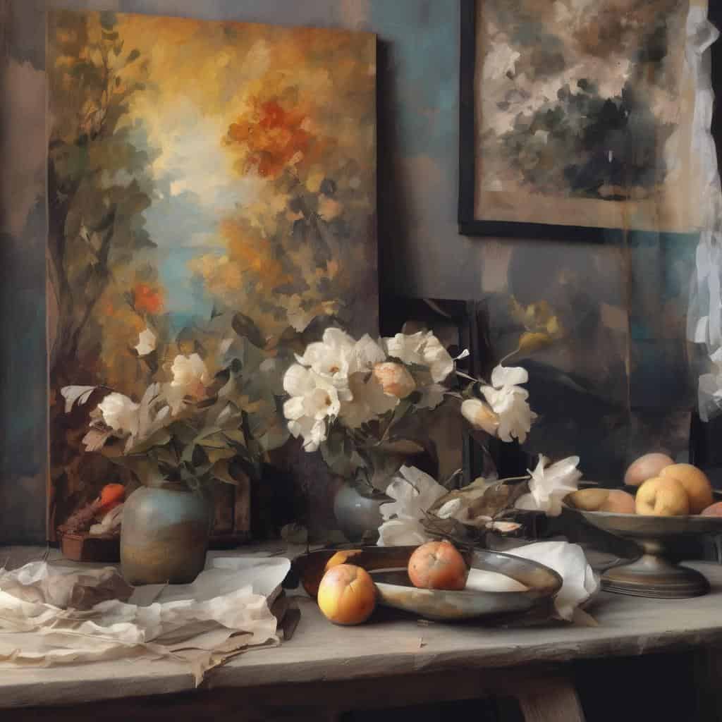 Γραφείο με πίνακες ζωγραφικής και γλάστρες με λευκά λουλούδια, δημιουργικότητα και τέχνη.