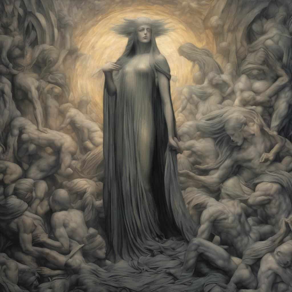 συναισθηματική δημιουργική τέχνη με γυναικεία μορφή και ανθρώπινες σιωπηλές φιγούρες, το κενό ως στοιχείο δημιουργικότητας.