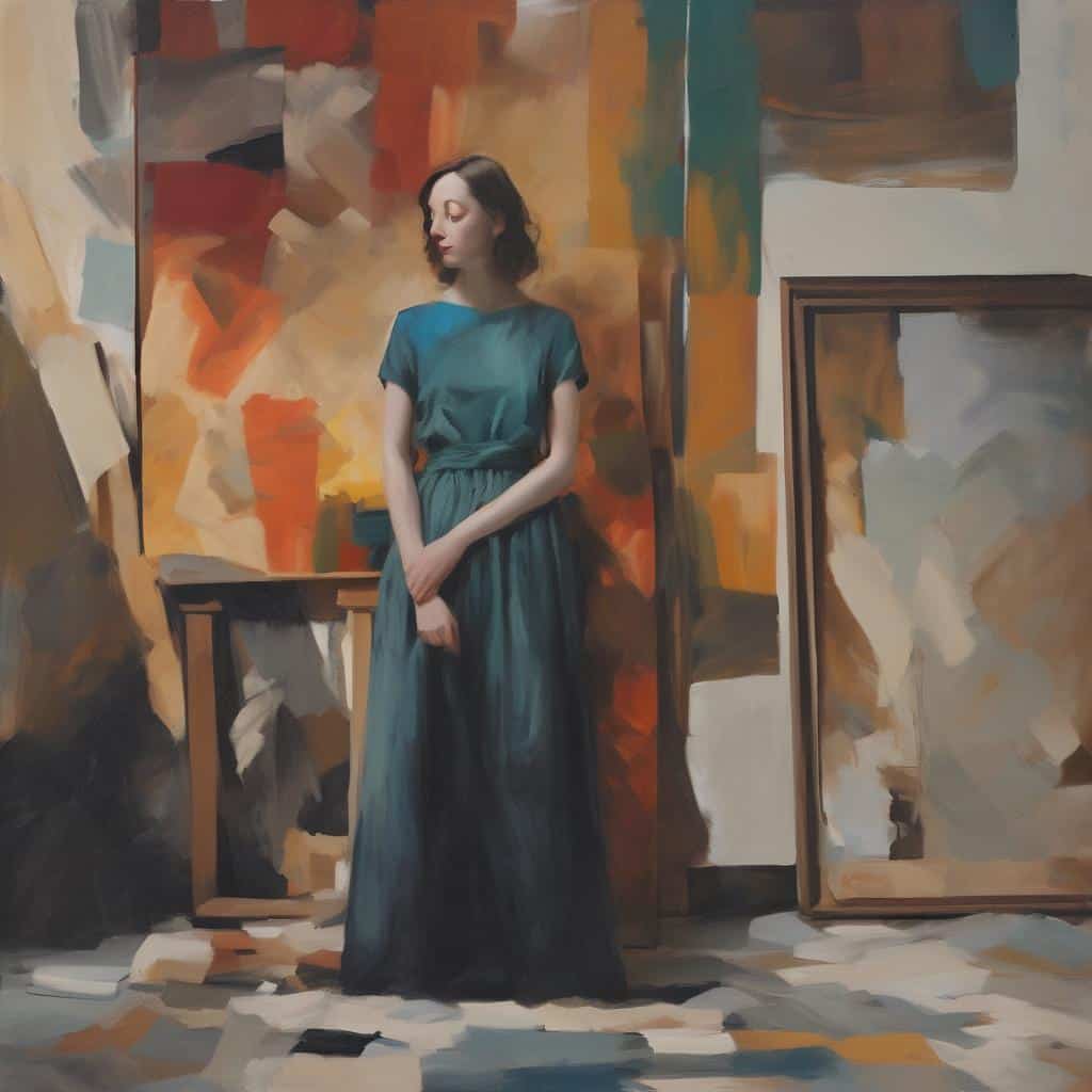 Καλλιτέχνης με γυναίκα σε γκαλερί, άδειοι καμβάδες, δημιουργικότητα και κενό στην τέχνη.