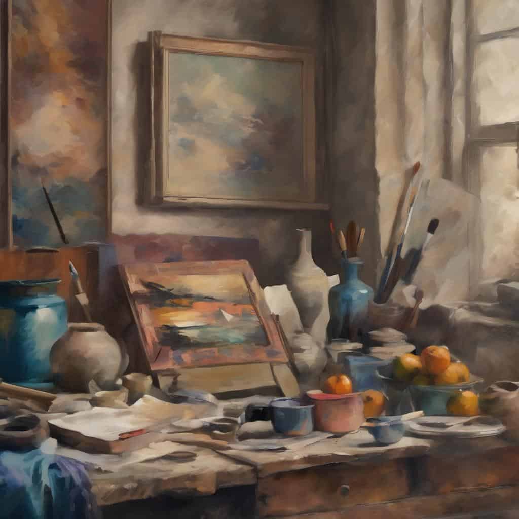 Παράθυρο με φως που αναδεικνύει καλλιτεχνικά υλικά και έργα τέχνης σε στούντιο ζωγραφικής, συμβολίζοντας το δημιουργικό κενό.