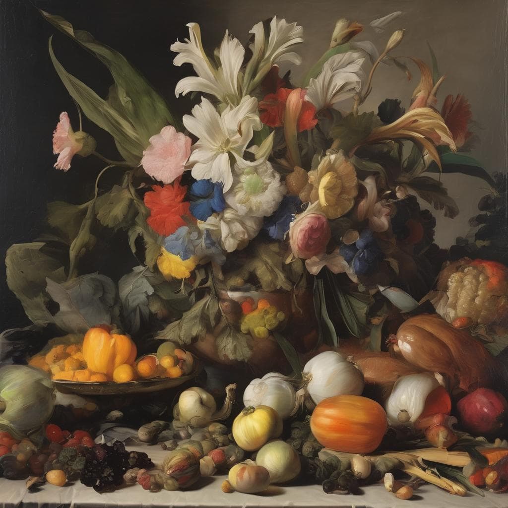 Λευκά και πολύχρωμα λουλούδια σε σύνθεση με λαχανικά και φρούτα, δημιουργική τέχνη σε ζωγραφική σύνθεση.